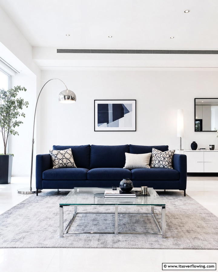 Modern Minimalism with a Navy Blue Sofa - 25 Blue Couch Living Room Ideas for a Stylish Space