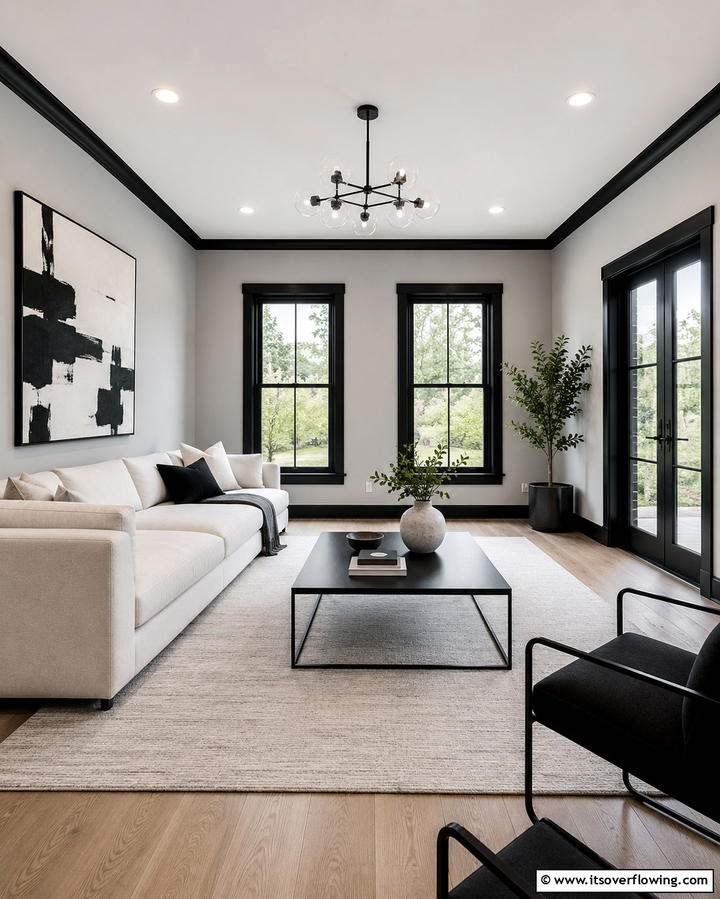 Modern Minimalist Ambiance - 30 Living Room Grey Walls & Black Trim- Bold Contrast Ideas