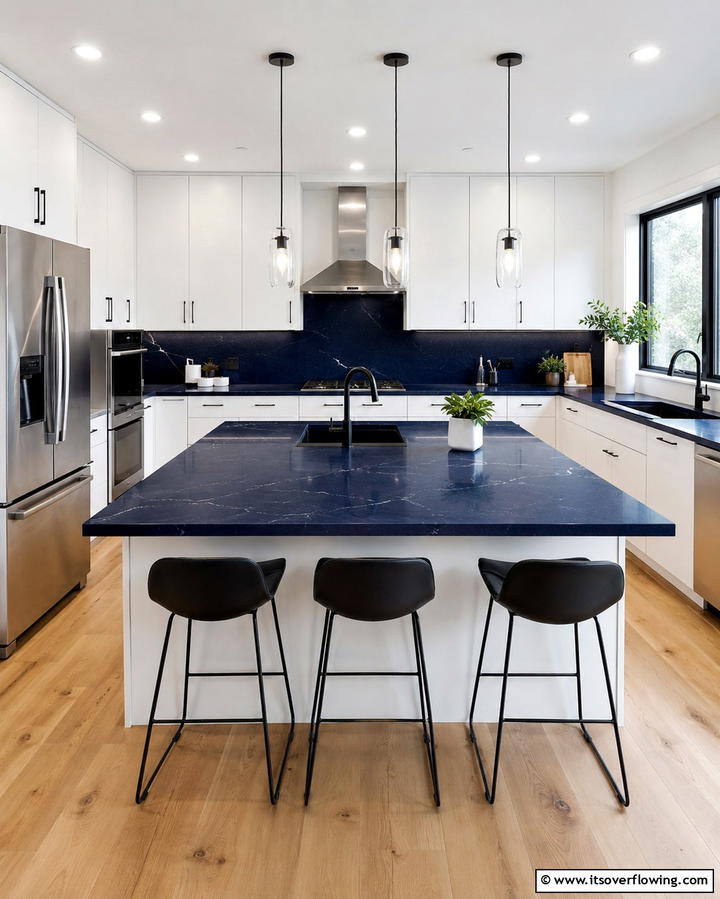 Modern Minimalist Appeal - 30 Blue Countertop Kitchen Ideas for Bold Statement Spaces