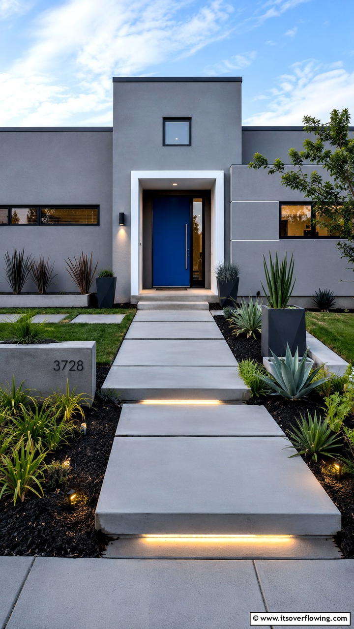 Modern Minimalist Appeal - 30 Grey House With Blue Door Ideas- Charming Curb Appeal
