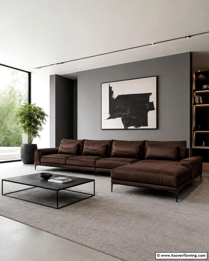 Modern Minimalist Design - 30 Warm Dark Brown Couch Styling Ideas for Cozy Living Rooms