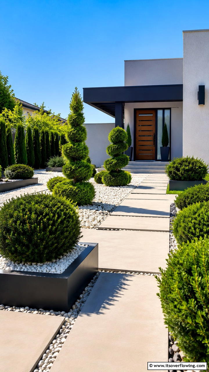 Modern Minimalist Evergreens - 30 Front Yard Evergreen Landscaping Ideas for Year-Round Beauty
