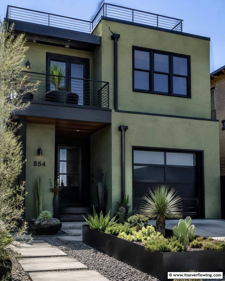 Modern Minimalist Exterior - 25 Sage Green House With Black Trim Ideas for Curb Appeal
