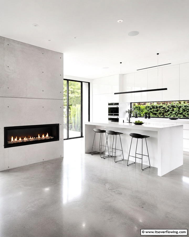 Modern Minimalist Kitchen with a Sleek Fireplace - 25 Kitchens With Fireplaces for a Unique Cooking Space