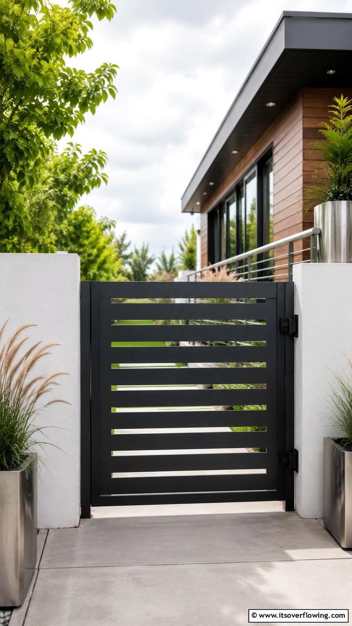 Modern Minimalist Metal Gate - 30 Deck Gate Ideas for Safety and Outdoor Style