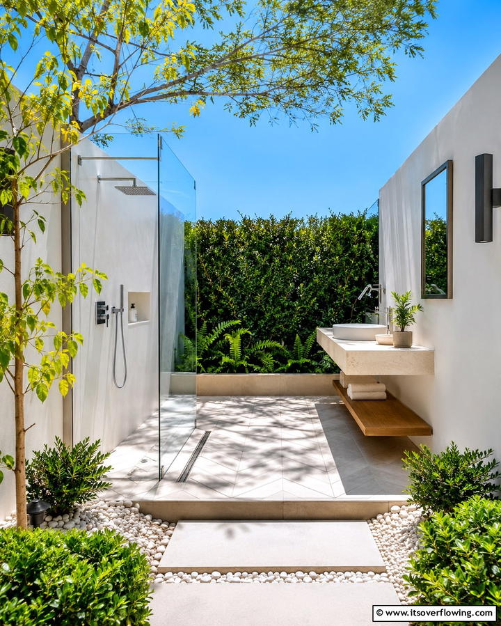 Modern Minimalist Oasis - 30 Outdoor Bathroom Ideas for a Luxurious Backyard Oasis