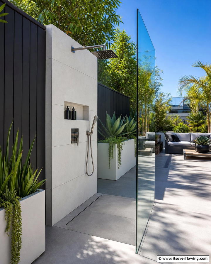 Modern Minimalist Oasis - 21 Outdoor Shower Designs for Poolside Luxury & Functionality