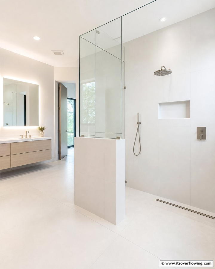 Modern Minimalist Partition - 30 Half-Wall Shower Ideas- Sleek Bathroom Design Solutions