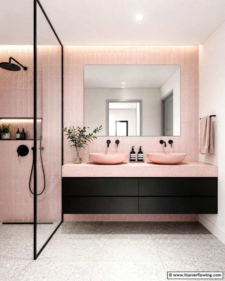 Modern Minimalist Pink and Black Bathroom - 25 Pink and Black Bathroom Ideas for a Bold and Chic Look