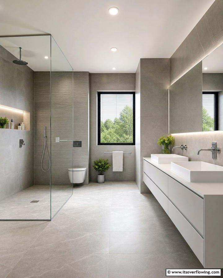 Modern Minimalist Retreat - 21 Grey Tile Bathroom Ideas for Modern and Timeless Designs