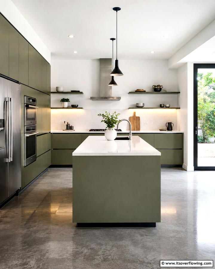 Modern Olive Green Minimalism - 30 Olive Green Kitchen Designs for a Warm Cooking Space