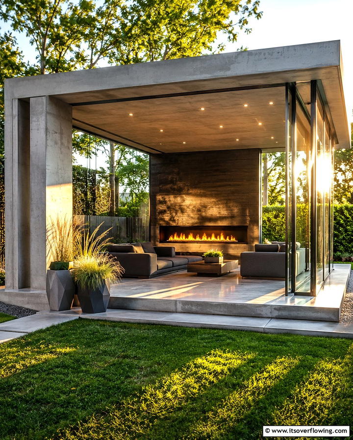 Modern Pavilion with Sleek Linear Fireplace - 25 Backyard Pavilion With Fireplace Ideas for Cozy Nights