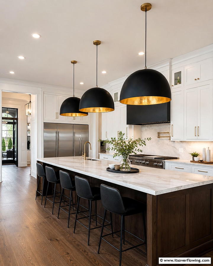 Modern Pendant Lighting - 30 Luxe Black, White, and Gold Kitchen Ideas for Elegant Spaces