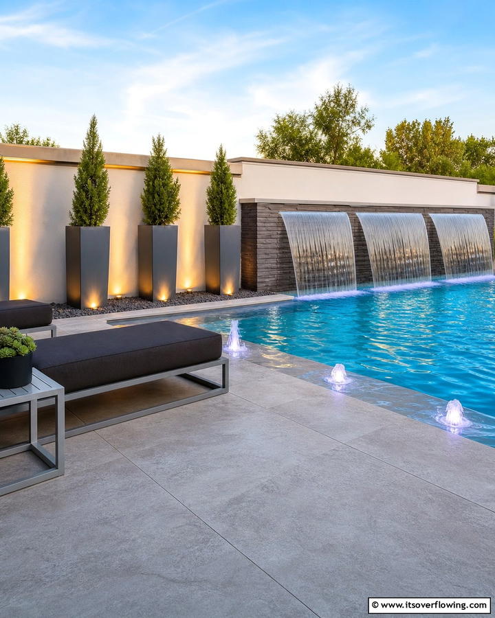 Modern Pool Deck with Water Features - 21 Pool Deck Layouts for Safe & Stylish Swimming Areas