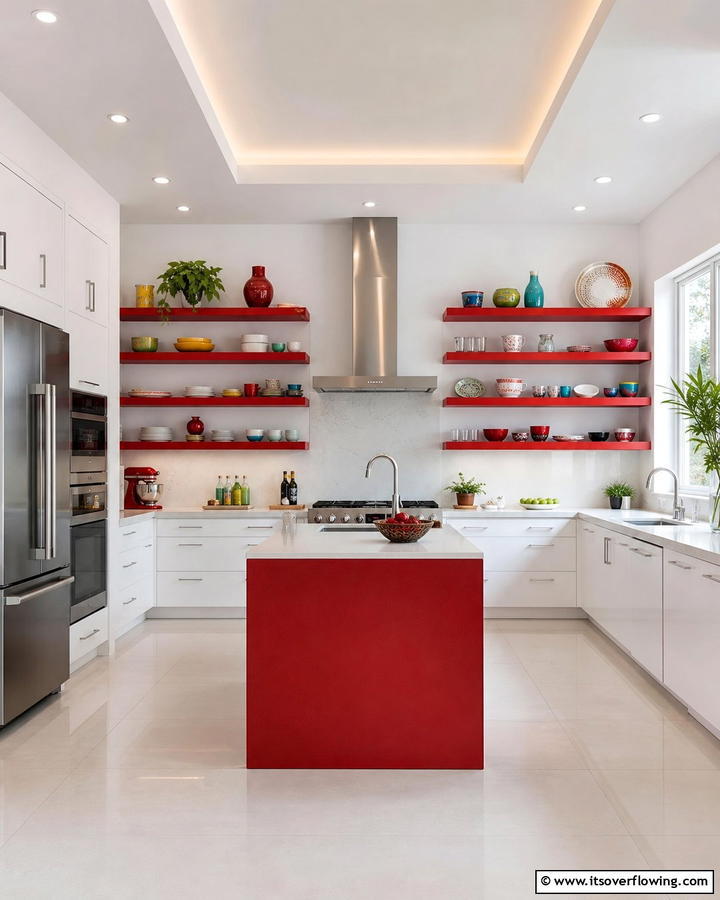 Modern Red Open Shelving - 17 Red Kitchen Design Ideas for Bold Contemporary Spaces