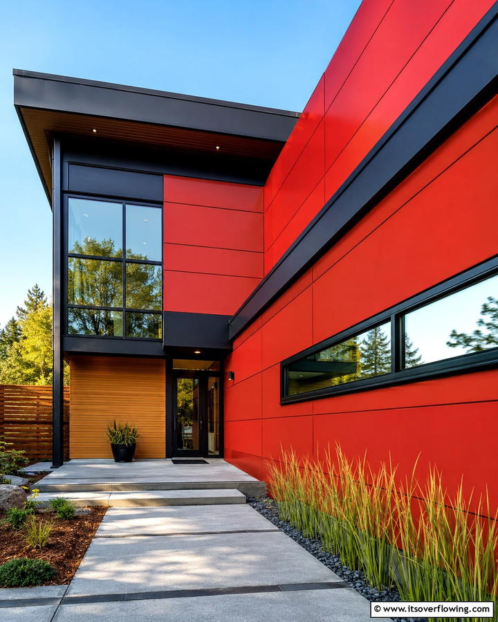 Modern Red Panels - 25 Red Home Exterior Ideas to Boost Curb Appeal