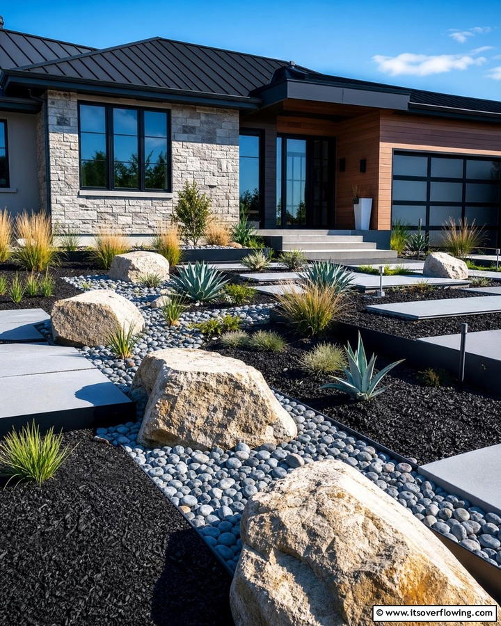 Modern Rock Installations - 21 Front Yard Landscaping Ideas With Rocks and Mulch