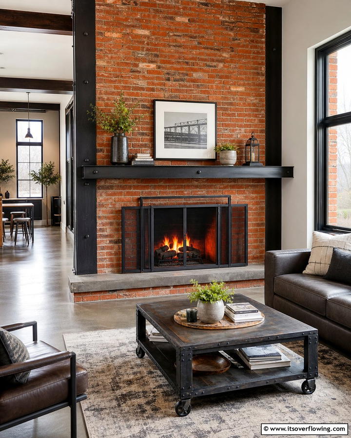 Modern Rustic Brick Fireplace with Metal Accents - 25 Rustic Living Room Ideas with a Brick Fireplace