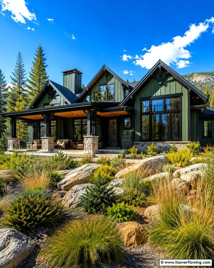 Modern Rustic Charm with Black Accents - 25 Forest Green House With Black Trim Ideas- Bold & Modern