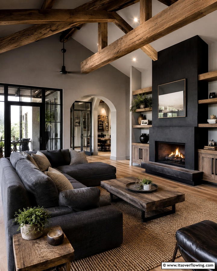 Modern Rustic Fusion - 30 Living Room Grey Walls & Black Trim- Bold Contrast Ideas