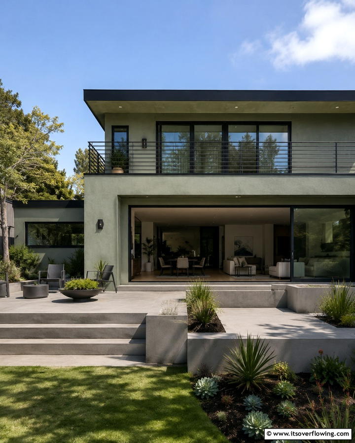 Modern Sage Green House with Black Accents - 25 Sage Green House With Black Trim Ideas for Curb Appeal