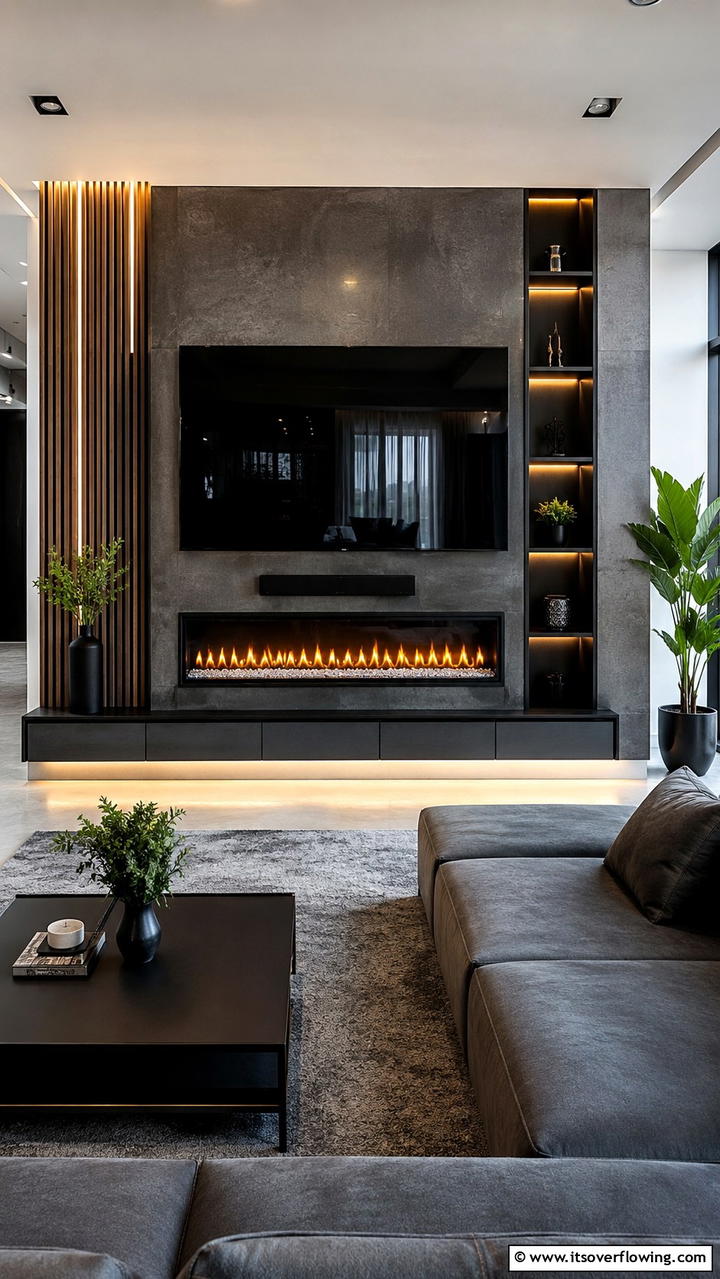 Modern Sleek Electric Fireplace with TV Mount - 30 Electric Fireplace Ideas With TV Above for Cozy Spaces