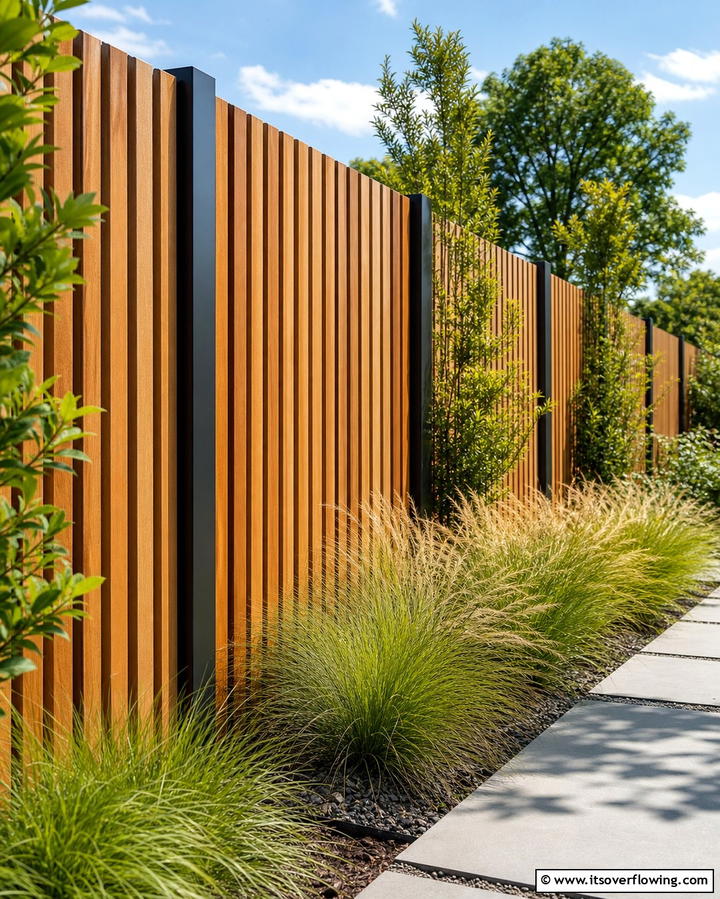 Modern Sleekness with Vertical Wood Planks and Steel Posts - 25 Metal and Wood Fence Ideas for Durable Boundaries