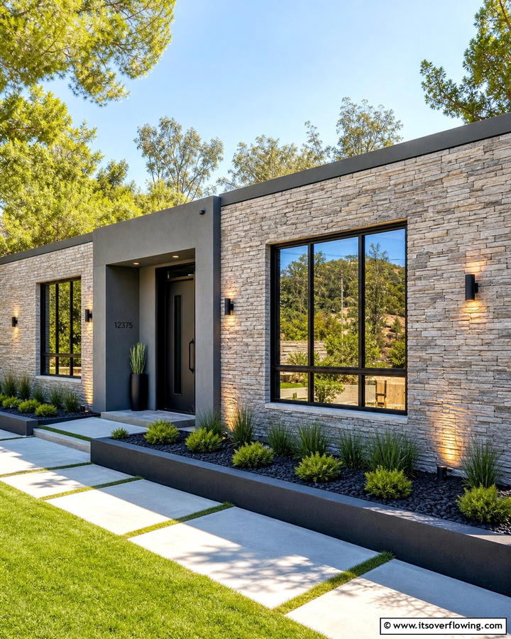 Modern Stacked Stone Wall - 30 Natural Stone Wall Ideas for Rustic Outdoor Landscapes