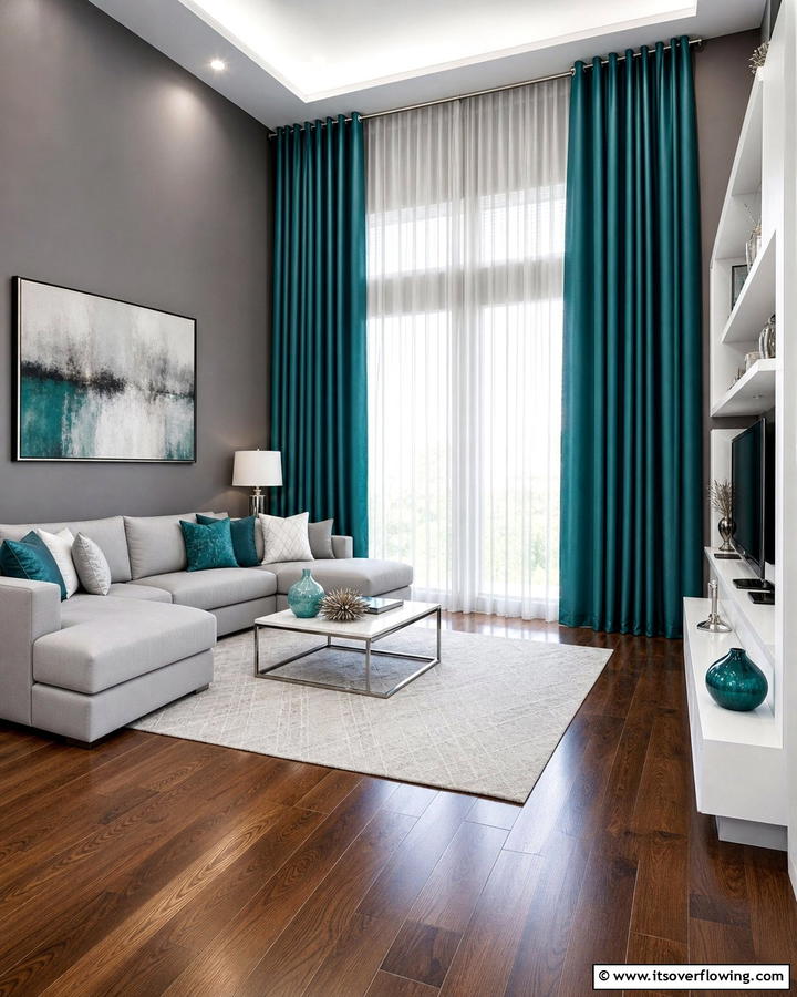Modern Teal Statements - 30 Curtain Color Ideas Perfectly Paired With Gray Walls