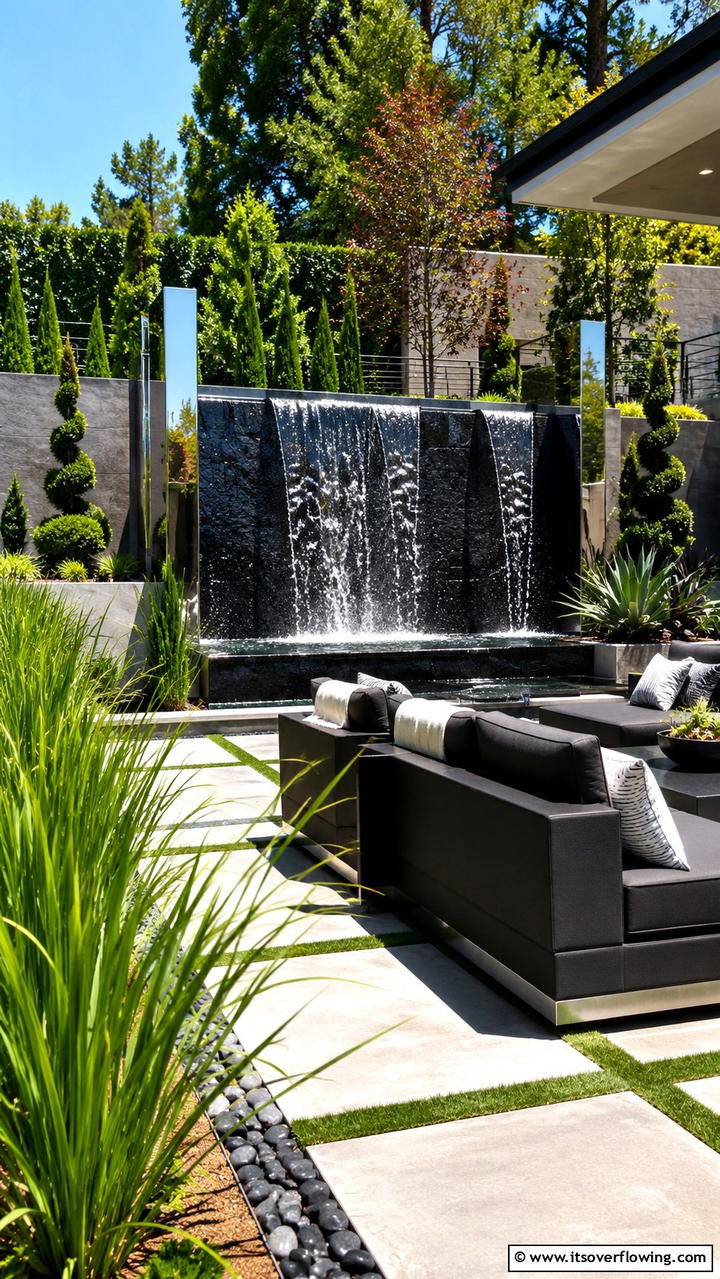 Modern Waterfall Feature - 21 Water Feature Ideas for Serene Garden Landscaping