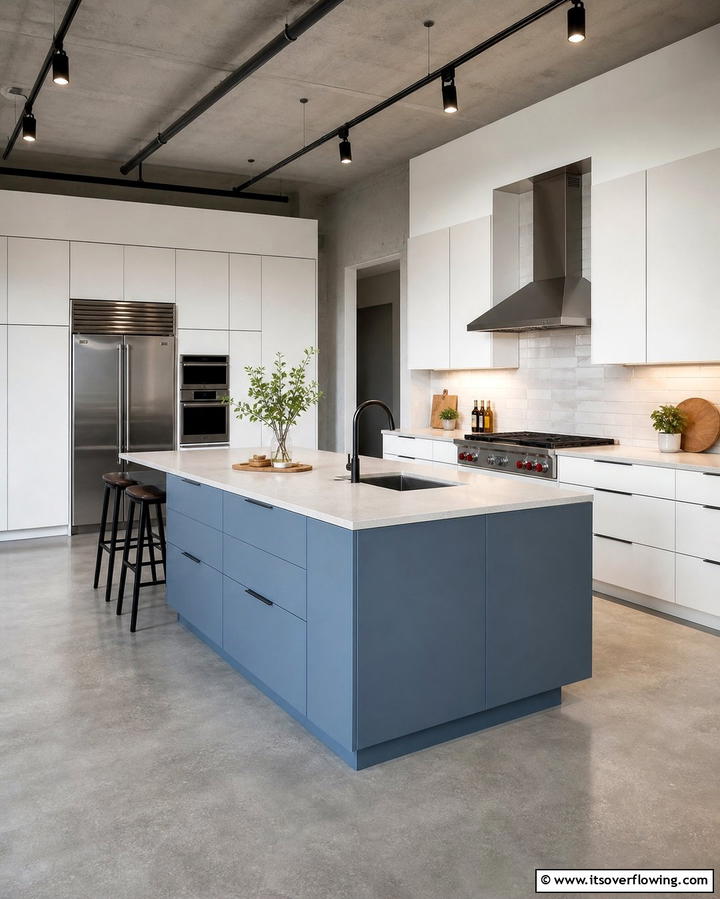 Modern White Cabinets with a Steel Blue Island - 25 White Kitchen Cabinets With Blue Island Ideas