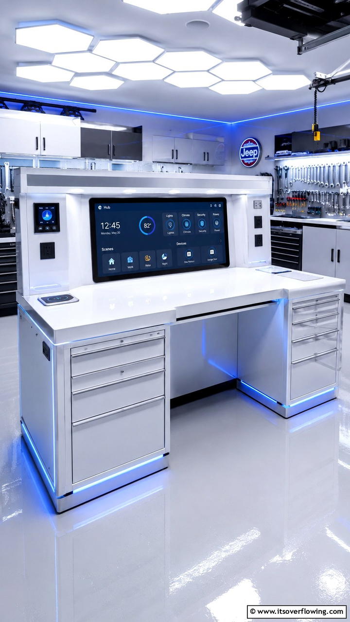 Modern Workbench with a Touchscreen Hub - 30 Garage Workbench Ideas for Organized DIY Spaces