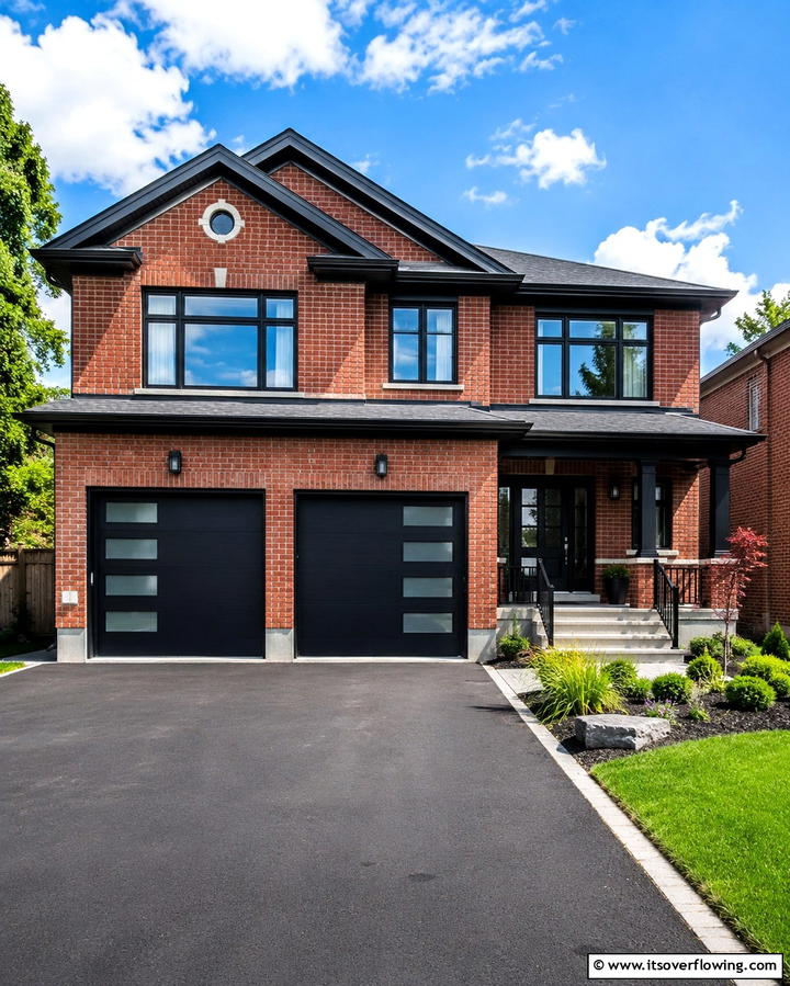 Modernize with Black Garage Doors - 25 Red Brick House with Black Trim Design Ideas