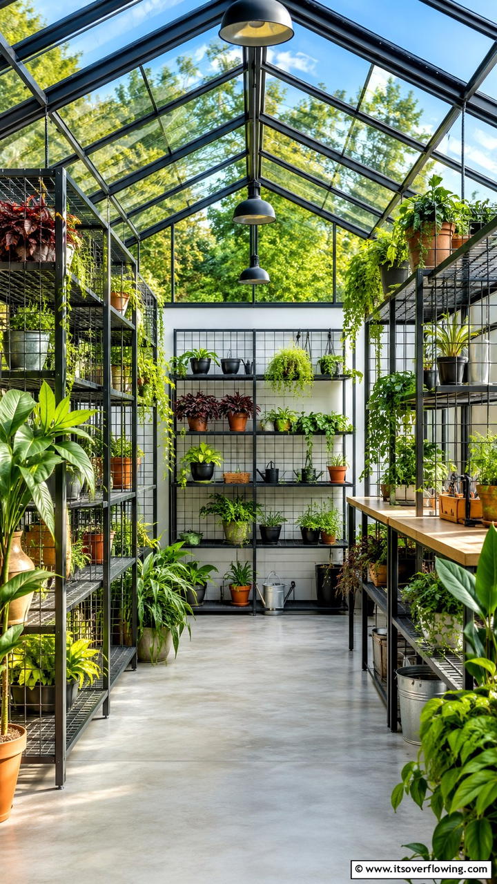 Modular Metal Grid Shelves - 30 Greenhouse Shelving Ideas- Organized Plant Storage