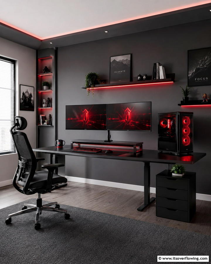 Monitor Stand with LED Accents - 25 Red and Black Gaming Setup Ideas for a Stylish Space