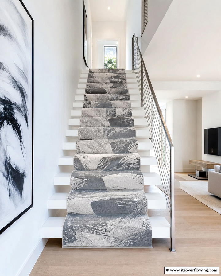 Monochromatic Abstract Designs - 25 Stair Runner Ideas for Safety and Style in Your Home