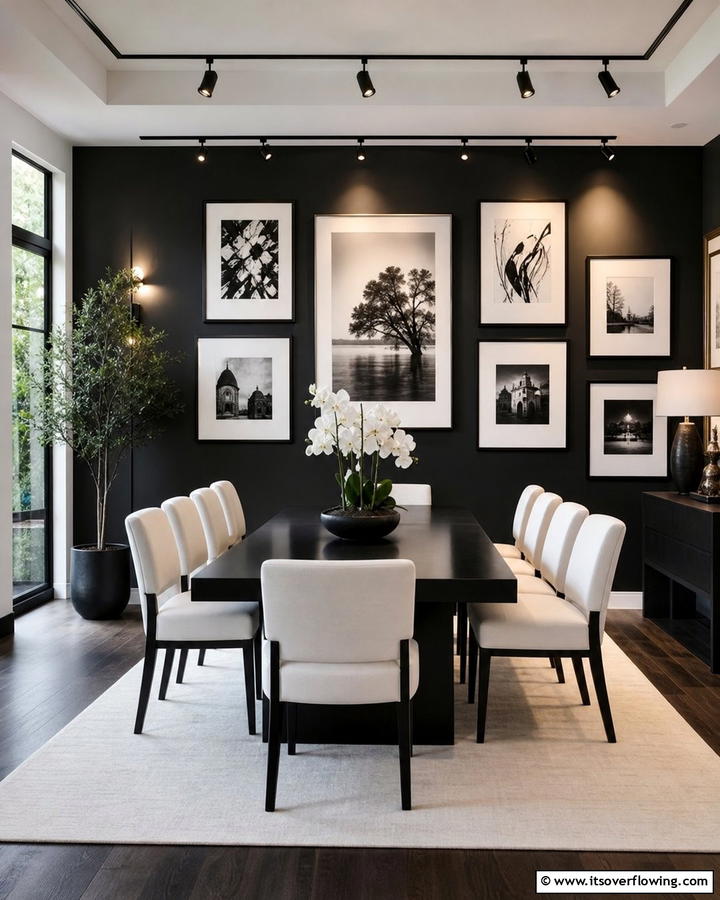 Monochromatic Art Gallery - 20 Black Accent Wall Dining Room Ideas for a Bold Look