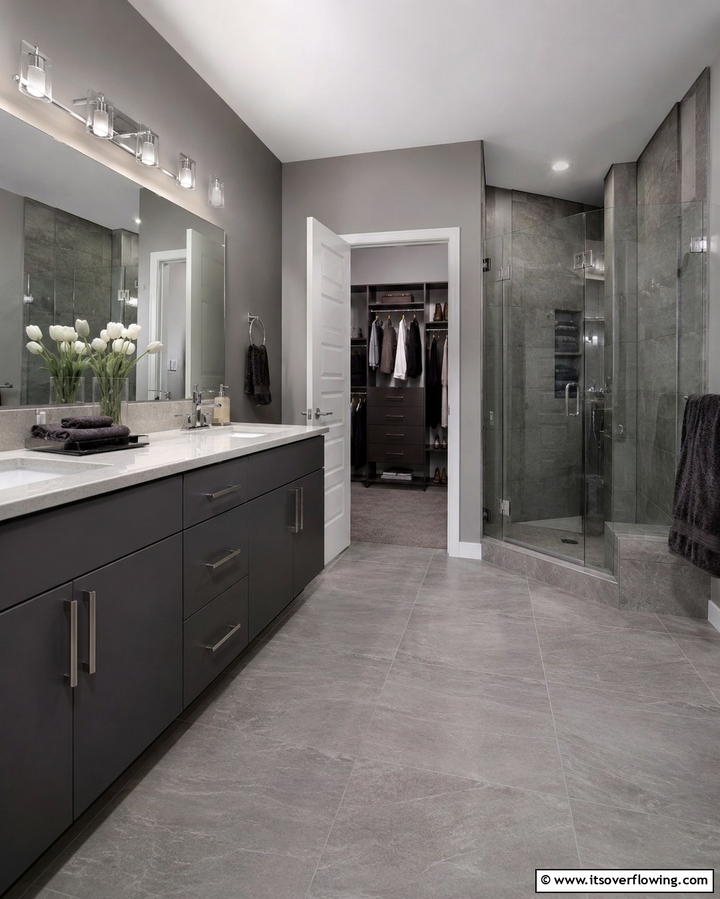 Monochromatic Bathrooms with Gray Floors - 30 Gray Floor Bathroom Design Ideas for Sleek Minimalism