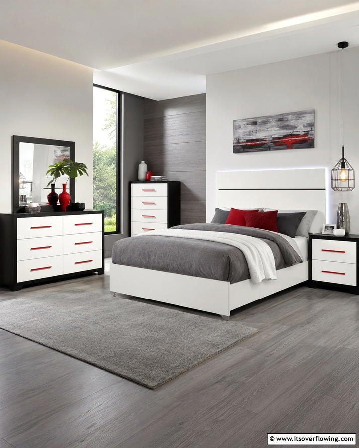 Monochromatic Bedding Layers - 25 Red Black and White Bedroom Ideas for a Bold Look