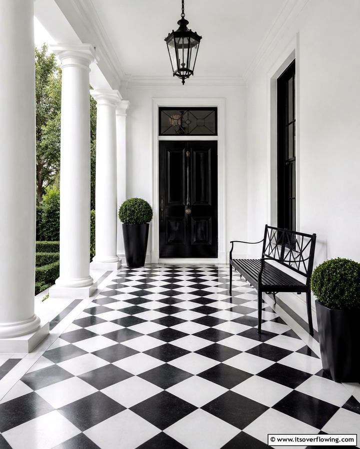 Monochromatic Black and White Tiles - 25 Front Porch Tile Ideas for a Welcoming Entrance