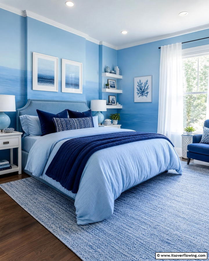 Monochromatic Blue Layers - 25 Blue and White Bedroom Ideas for a Calming Space