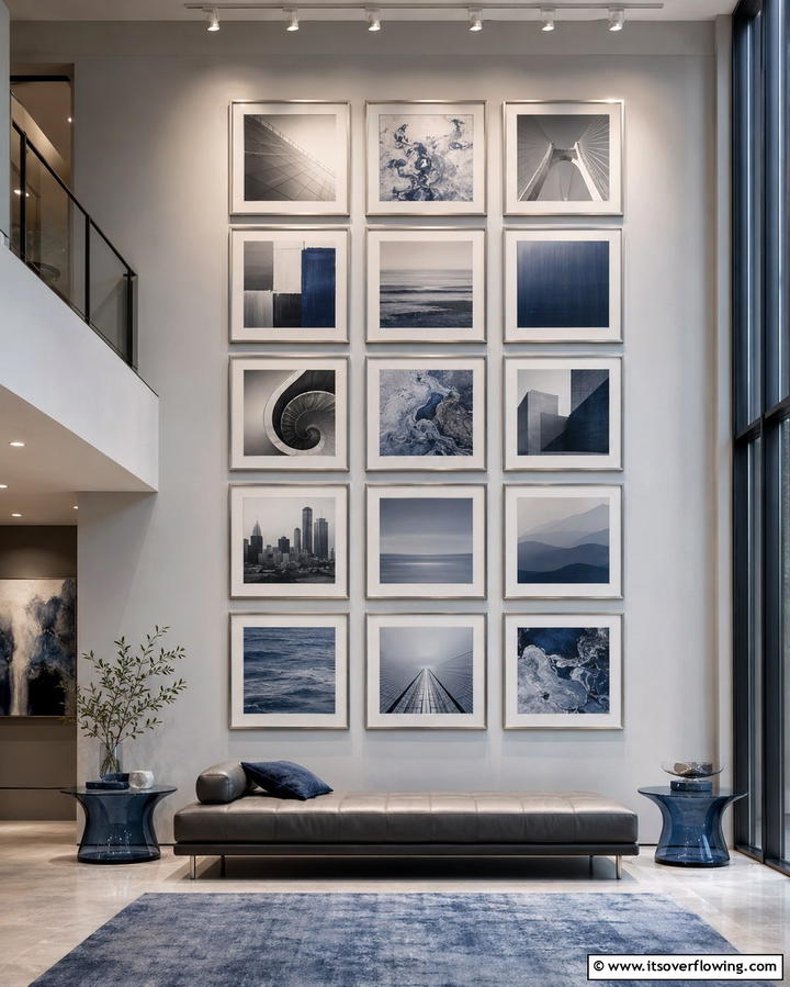 Monochromatic Blue and Grey Gallery Wall - 30 Soothing Blue & Grey Living Room Designs for Relaxing Spaces
