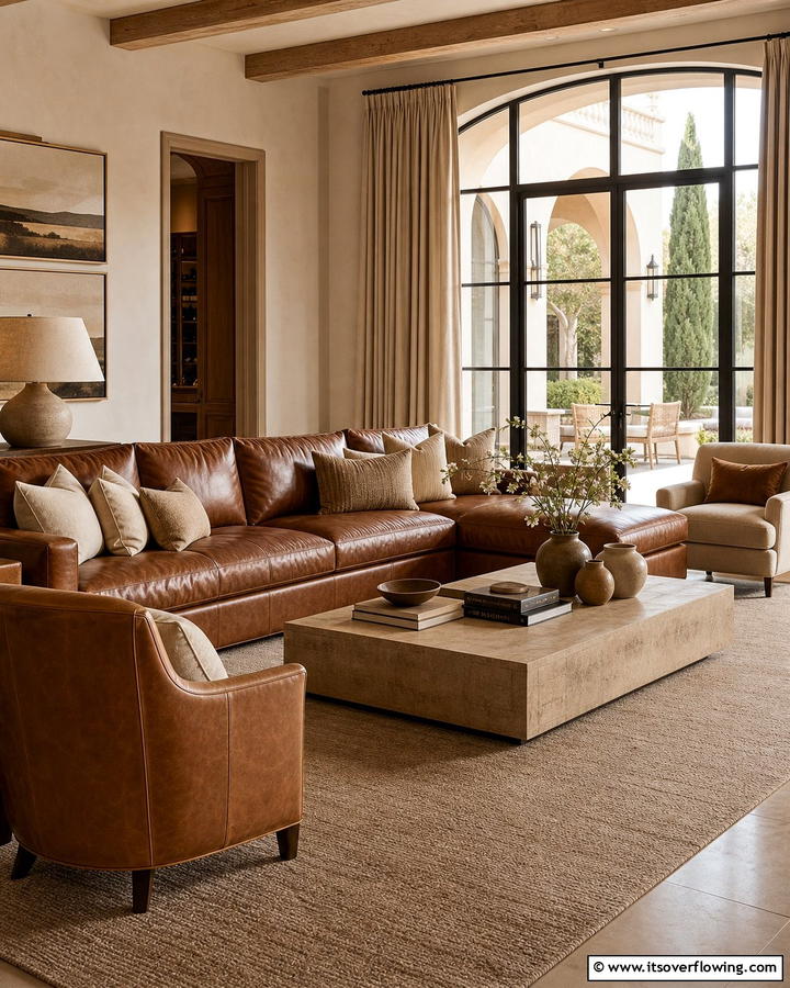 Monochromatic Elegance - 25 Brown Leather Couch Living Room Ideas
