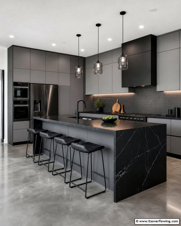 Monochromatic Elegance - 25 Kitchen Ideas with Gray Cabinets and Black Countertops