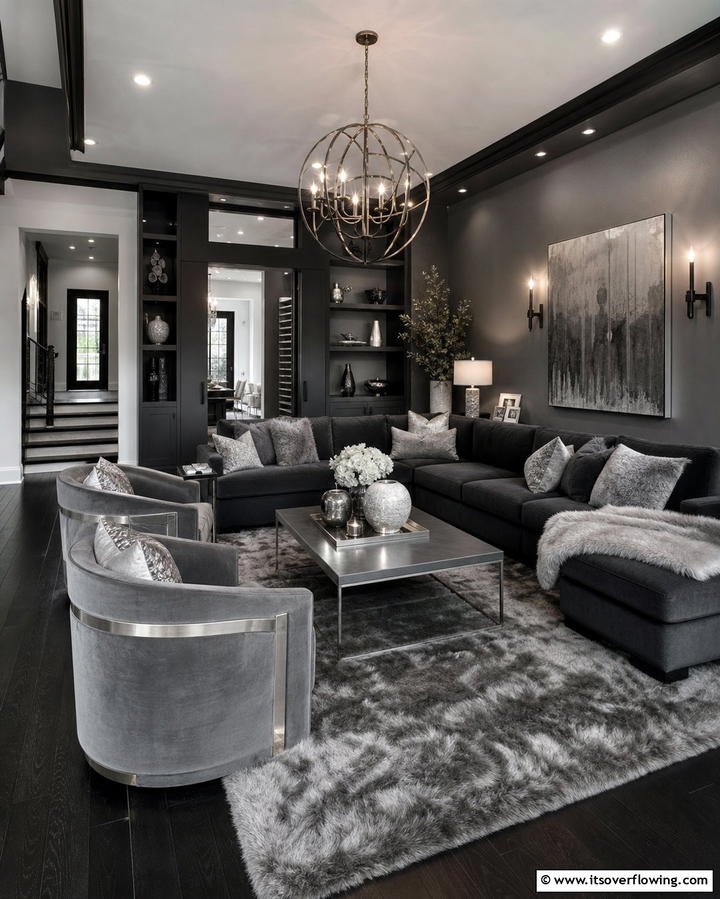 Monochromatic Elegance - 30 Grey Living Room & Dark Wood Floor Design Combinations