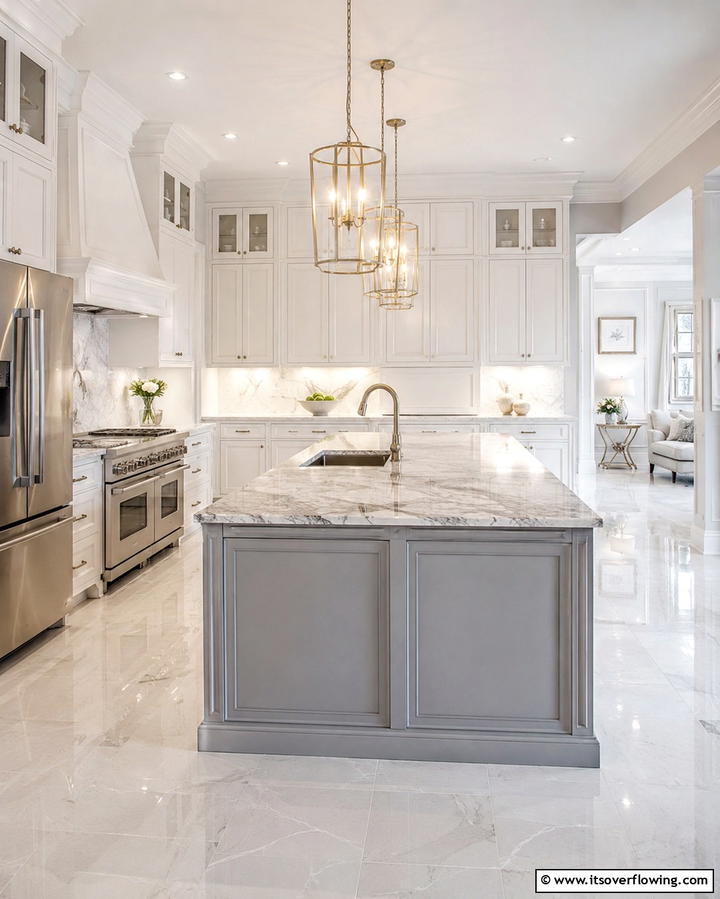 Monochromatic Elegance with Subtle Patterns - 25 White Kitchen Cabinets with Grey Island Ideas