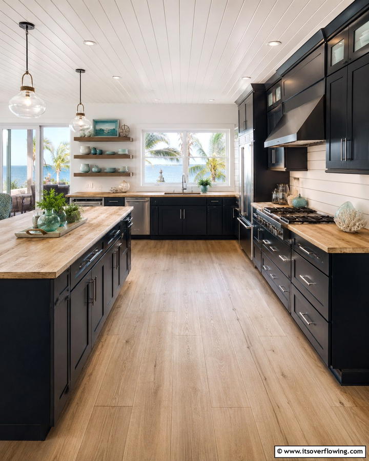 Monochromatic Elegance with Wood Accents - 25 Kitchen With Black Cabinets And Wood Countertops Ideas