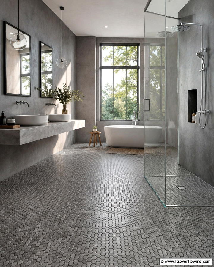 Monochromatic Gray Penny Tile Design - 25 Penny Tile Bathroom Floor Ideas for a Unique Look