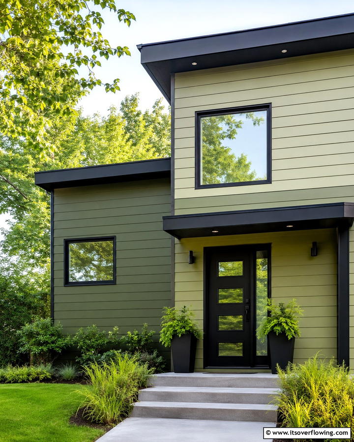 Monochromatic Greens with Black Accents - 25 Green House Exterior With Black Trim Ideas