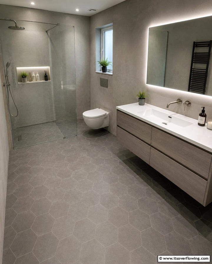 Monochromatic Grey Hexagon Tiles - 30 Bathrooms with Hexagon Tile Floor Design Ideas